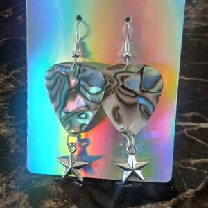Abalone Heart Drop Earrings with Silver Star Charm - Women Jewelry